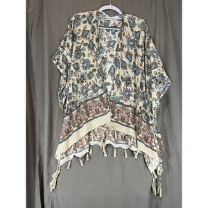 Do Everything In Love Womens Paisley Floral Tassel Trim Kimono Wrap Cream Blue